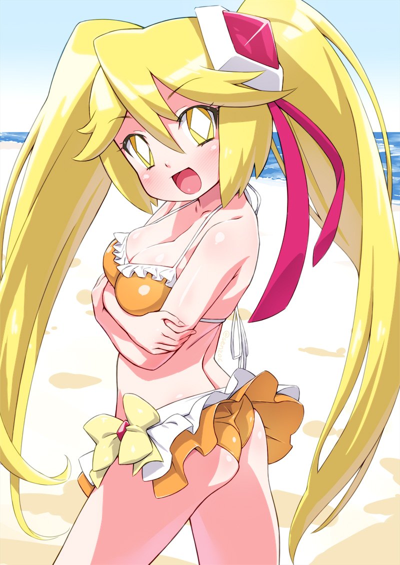 1girl ass beach bikini bikini_skirt blonde_hair blush breasts crossed_arms diamond-shaped_pupils diamond_(shape) diamond_queen frilled_bikini frills kaitou_joker long_hair looking_at_viewer open_mouth orange_bikini outdoors senzoc small_breasts smile solo swimsuit symbol-shaped_pupils twintails very_long_hair water yellow_eyes