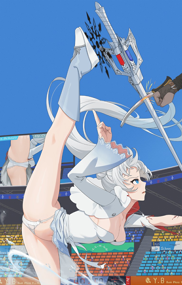 1girl 1other ass blood blue_eyes boots breasts clash claw_(weapon) cleavage crotch cuts day dress duel flexible floating_hair from_below glyph highres injury jewelry leg_up medium_breasts myrtenaster necklace panties parted_lips rwby screen sideboob split stadium standing standing_on_one_leg standing_split sword thighs underwear upskirt wangxiii weapon weiss_schnee white_dress white_hair white_panties