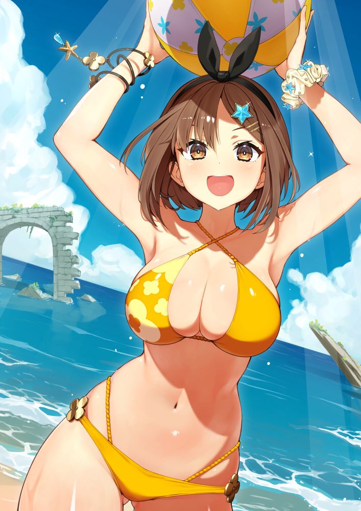 1girl armpits arms_up atelier_(series) atelier_resleriana atelier_ryza ball beach beachball bikini black_ribbon bracelet breasts brown_eyes brown_hair cleavage criss-cross_halter gluteal_fold hair_ornament hair_ribbon halterneck highleg highleg_bikini jewelry large_breasts looking_at_viewer navel ocean official_art open_mouth outdoors reisalin_stout reisalin_stout_(sunlit_beach) ribbon scrunchie short_hair star_(symbol) star_hair_ornament stomach swimsuit thick_thighs thighs water whale_tail_(clothing) wrist_scrunchie yellow_bikini