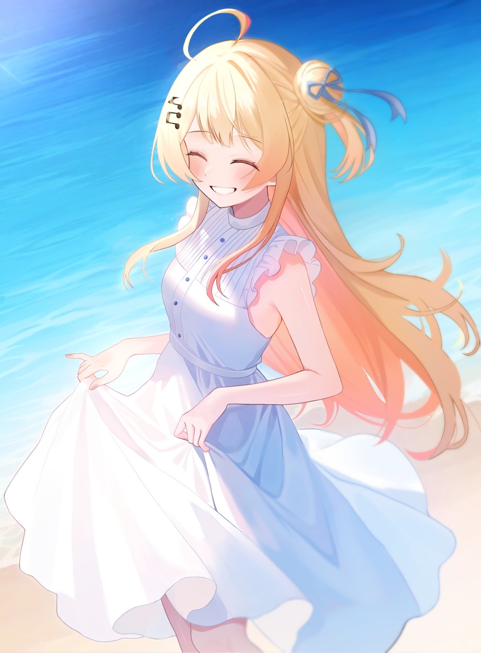 1girl ^_^ ahoge alternate_costume bare_arms beach beamed_eighth_notes blonde_hair blue_ribbon center-flap_bangs closed_eyes collared_dress commentary_request day double-parted_bangs dress eighth_note fortissimo frilled_dress frills grin hair_bun hair_ornament hair_ribbon hairclip highres hololive hololive_dev_is long_hair musical_note musical_note_hair_ornament ocean one_side_up otonose_kanade outdoors ribbon side_up_bun sidelocks skirt_hold sleeveless sleeveless_dress smile solo standing sundress uekana9 very_long_hair virtual_youtuber white_dress