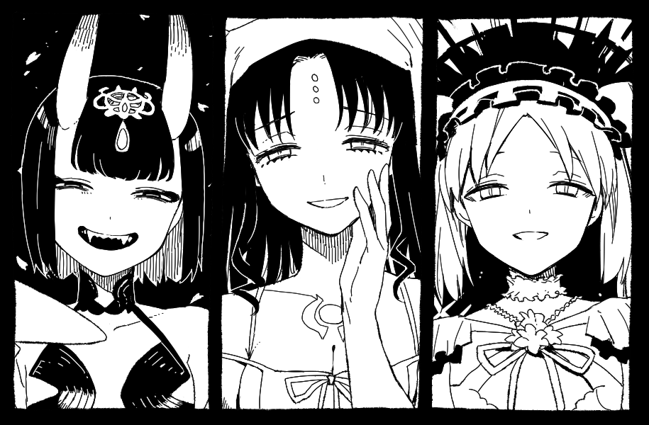 3girls bob_cut breasts chest_tattoo choker cleavage commentary_request cup earpiece facial_mark fangs fate/grand_order fate_(series) forehead_mark frilled_hairband frills hairband halo horns large_breasts lolita_hairband michiru_(amphibian) multiple_girls open_mouth sakazuki sessyoin_kiara shuten_douji_(fate) skin-covered_horns small_breasts smile stheno_(fate) stheno_(third_ascension)_(fate) tattoo veil