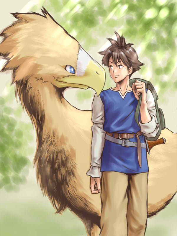 1990s_(style) 1boy backpack bag beak belt belt_buckle blue_eyes blurry blurry_background boco bright_pupils brown_eyes brown_hair brown_pants buckle bartz_klauser chocobo closed_mouth cowboy_shot dappled_sunlight eye_contact final_fantasy final_fantasy_v long_sleeves looking_at_another male_focus mico_(paleshelter) over_shoulder pants sheath sheathed short_hair sleeves_rolled_up smile standing sunlight sword weapon weapon_on_back