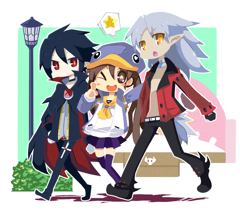 1girl 2boys backpack bad_id bad_pixiv_id bag blue_hat brown_eyes brown_hair cape collar disgaea fenrich fenrich_(disgaea) hat jacket kazamatsuri_fuuka long_hair makai_senki_disgaea_4 multiple_boys one_eye_closed open_clothes open_jacket orange_eyes pointy_ears prinny randoseru red_eyes sakurakunet school_uniform serafuku silver_hair skirt thighhighs twintails valvatorez_(disgaea) wink zettai_ryouiki