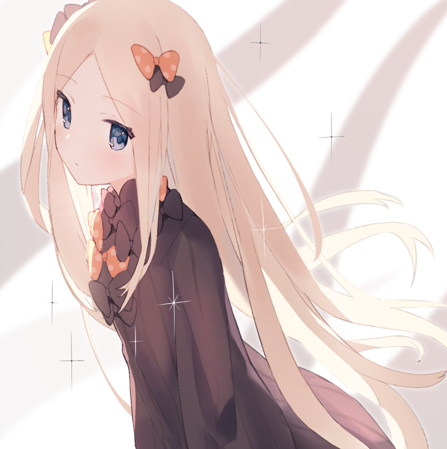 1girl abigail_williams_(fate) black_bow black_dress blonde_hair blue_eyes blush bow closed_mouth dress fate/grand_order fate_(series) forehead hair_bow idemitsu long_hair long_sleeves looking_at_viewer multiple_hair_bows no_headwear orange_bow parted_bangs polka_dot polka_dot_bow sleeves_past_fingers sleeves_past_wrists solo sparkle very_long_hair