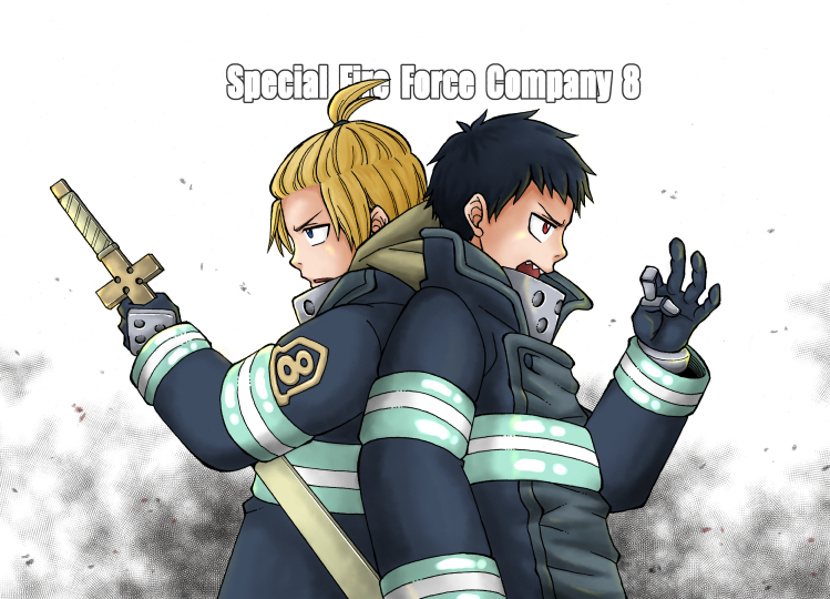 2boys arthur_boyle black_hair blonde_hair blue_eyes en&#039;en_no_shouboutai fire_fighter gloves multiple_boys red_eyes sharp_teeth shinra_kusakabe sword teeth tokoswrb88 weapon