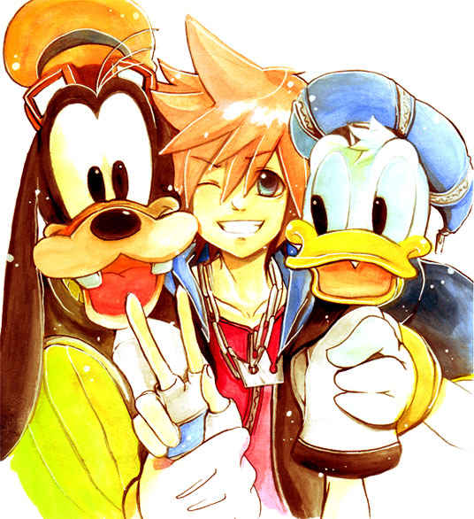 blue_eyes brown_hair commentary_request donald_duck gloves goofy graphite_(medium) jewelry kingdom_hearts kingdom_hearts_i male_focus multiple_boys necklace shinigami_a smile sora_(kingdom_hearts) traditional_media