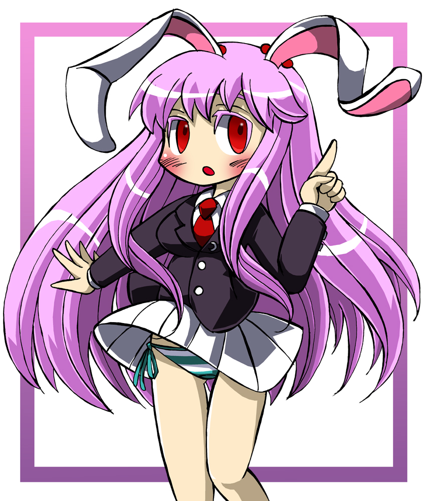 1girl black_jacket blush breasts index_finger_raised jacket lkagami long_hair long_sleeves looking_to_the_side medium_breasts necktie open_mouth panties purple_hair rabbit_ears rabbit_girl red_eyes red_necktie reisen_udongein_inaba shirt side-tie_panties skirt standing striped_clothes striped_panties touhou underwear white_background white_panties white_shirt white_skirt wind wind_lift