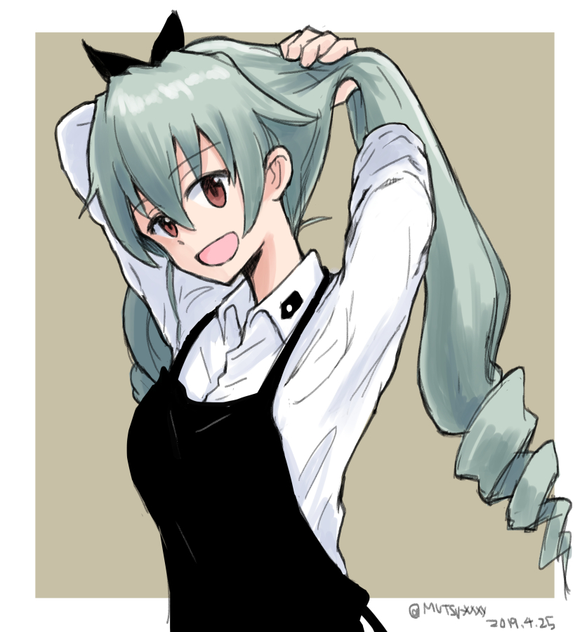 1girl adjusting_hair anchovy_(girls_und_panzer) anzio_school_uniform apron black_apron black_ribbon brown_background commentary dated dress_shirt drill_hair female_focus girls_und_panzer green_hair hair_ribbon hands_in_hair head_tilt long_hair long_sleeves looking_at_viewer mutsu_(layergreen) no_neckwear one-hour_drawing_challenge open_mouth red_eyes ribbon school_uniform shirt sleeves_rolled_up smile solo standing twin_drills twintails twitter_username upper_body white_shirt