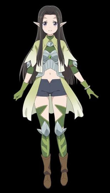 a bad_tag ears elf_like emera_(kendeshi) eyes_pointed green_white kenja_no_deshi_wo_nanoru_kenja long_black outfit_a_gem_shapeddetail_on_her_chest wearing