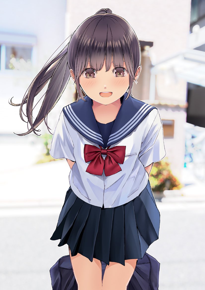 1girl :d bad_id bad_twitter_id bag blue_sailor_collar blue_skirt blurry blurry_background blush bow bowtie brown_eyes brown_hair building chikuwa_(odennabe) holding holding_bag house leaning_forward long_hair looking_at_viewer open_mouth original outdoors pleated_skirt ponytail red_bow red_bowtie sailor_collar school_bag school_uniform serafuku shirt short_sleeves skirt smile solo standing white_shirt