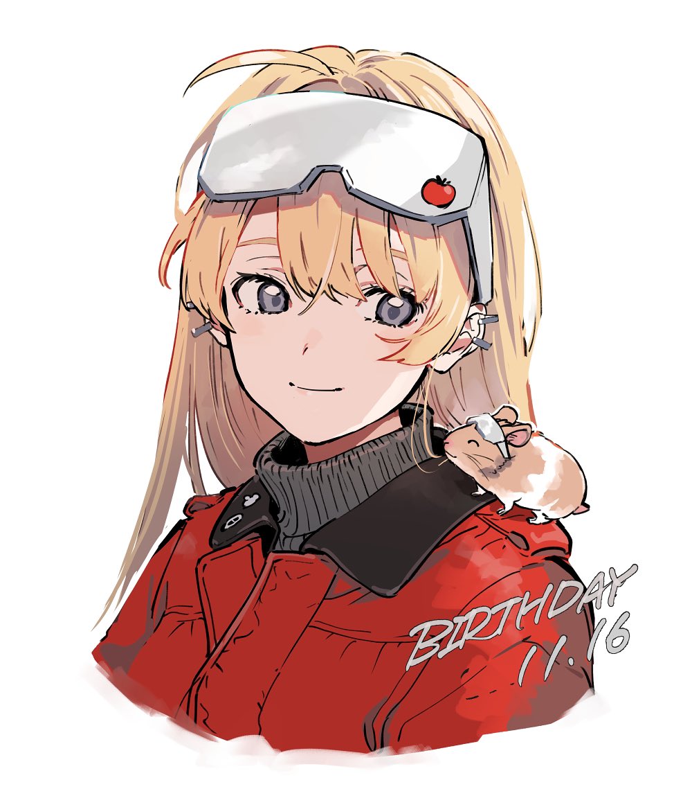 1girl ahoge animal animal_on_shoulder arisaka_ako blonde_hair closed_mouth eyewear_on_head grey_eyes grey_sweater hamster happy_birthday jacket long_hair original piercing red_jacket simple_background solo sweater tomato turtleneck turtleneck_sweater upper_body white_background