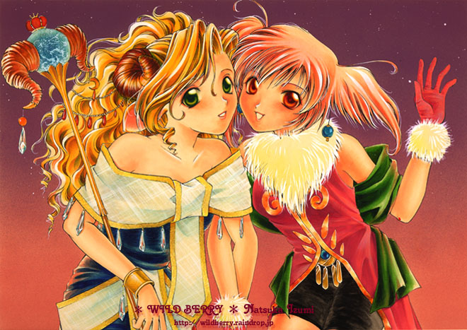 1990s_(style) 2girls artist_name asymmetrical_bangs belt black_skirt blonde_hair blue_dress blue_gemstone bracer commentary_request crown curly_hair dress earrings fur-trimmed_gloves fur_trim gem gloves green_eyes green_shawl grin hand_up happy holding holding_staff horns izumi_natsuka jewelry leaning_forward locked_arms long_hair looking_at_viewer mini_crown miniskirt multiple_girls off-shoulder_dress off_shoulder orb original outdoors pink_hair ponytail red_eyes red_gloves red_vest retro_artstyle sash sheep_horns short_twintails skirt smile sphere_earrings staff star_(sky) twilight twintails upper_body vest waving white_sash yellow_fur