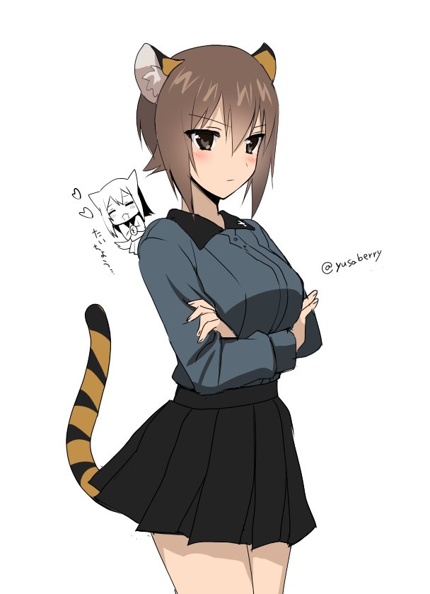 1girl animal_ears black_skirt blush breasts brown_eyes brown_hair closed_mouth crossed_arms fake_animal_ears fake_tail girls_und_panzer kuromorimine_military_uniform large_breasts military_uniform miniskirt nishizumi_maho saikawa_yusa short_hair signature simple_background skirt solo tail tiger_ears tiger_tail white_background