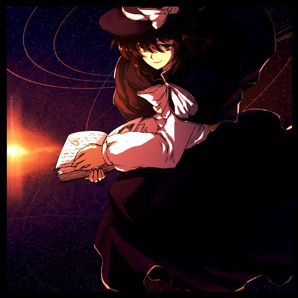 1girl black_capelet black_hat black_skirt book bow brown_eyes brown_hair capelet hat hat_bow holding holding_book long_sleeves looking_at_viewer magical_astronomy onimaru_gonpei puffy_sleeves shirt skirt sky smile solo star_(sky) starry_sky touhou usami_renko white_bow white_shirt