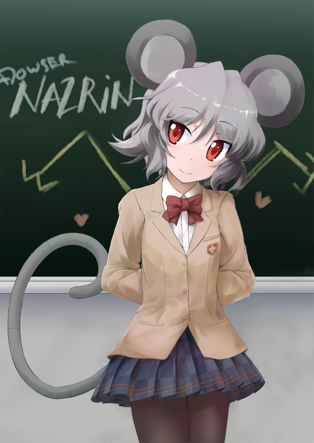 1girl alternate_costume animal_ears arms_behind_back blazer bow bowtie chalkboard checkered_clothes checkered_skirt dowsing_rod female_focus grey_eyes grey_hair head_tilt heart highres ikamagu ikmg jacket mouse_ears mouse_tail nazrin pantyhose red_eyes school_uniform shirt short_hair skirt smile solo tail touhou