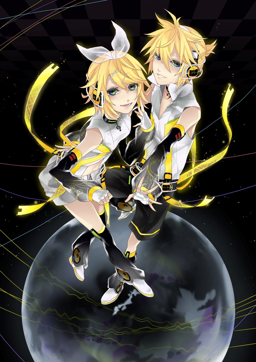 1boy 1girl arm_warmers bad_id bad_pixiv_id blonde_hair brother_and_sister detached_sleeves hair_ornament hair_ribbon hairclip headphones highres kagamine_len kagamine_len_(append) kagamine_rin kagamine_rin_(append) kyo_zip leg_warmers navel ribbon short_hair shorts siblings smile twins vocaloid vocaloid_append