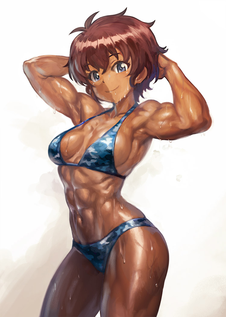 1girl abs armpits arms_behind_head bikini blue_bikini blue_eyes brown_hair camouflage camouflage_bikini closed_mouth commentary cowboy_shot dark_skin girls_und_panzer halterneck looking_at_viewer muscular muscular_female short_hair smile solo standing steam suzuki_(girls_und_panzer) sweat swimsuit white_background yilx