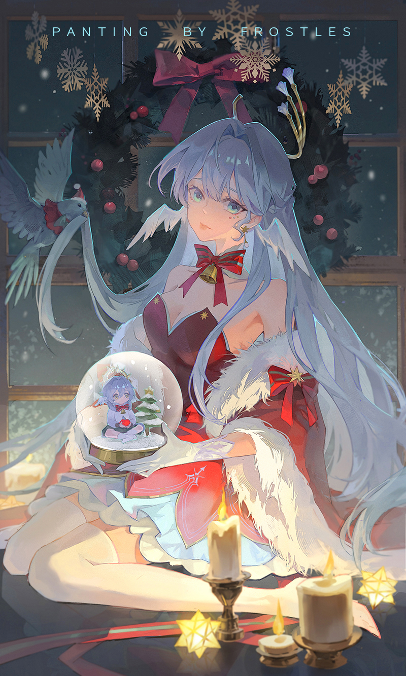 1boy 1girl aged_down aqua_eyes bare_shoulders bell bird blue_hair breasts brother_and_sister candlestand christmas detached_collar dress earrings fur-trimmed_shawl fur_trim gloves head_wings highres holding_snow_globe honkai:_star_rail honkai_(series) in_container jewelry long_hair looking_at_viewer medium_breasts mini_person miniboy neck_bell neck_ribbon red_dress red_ribbon red_shawl ribbon robin_(honkai:_star_rail) shawl shuang_wu siblings sitting sleeveless sleeveless_dress snow_globe snowflakes solo_focus sunday_(honkai:_star_rail) thighhighs very_long_hair wariza white_gloves white_thighhighs white_wings wings wreath