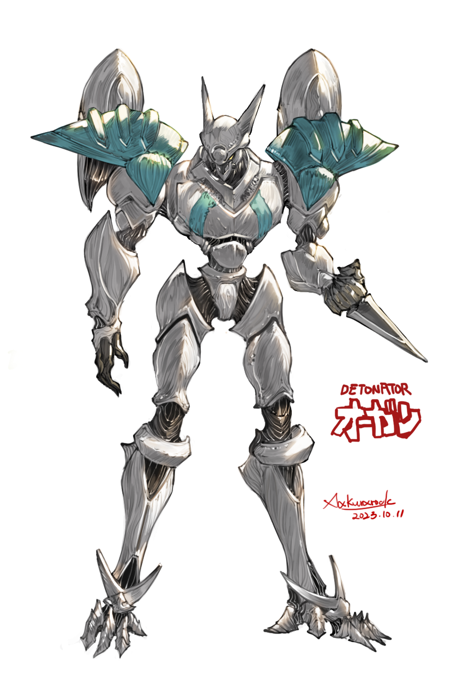 1990s_(style) armor armored_trooper commission detonator_orgun double-blade highres holding holding_weapon horns mecha no_humans orgun pixiv_commission polearm power_armor retro_artstyle robot sakura_rock science_fiction solo standing weapon white_background