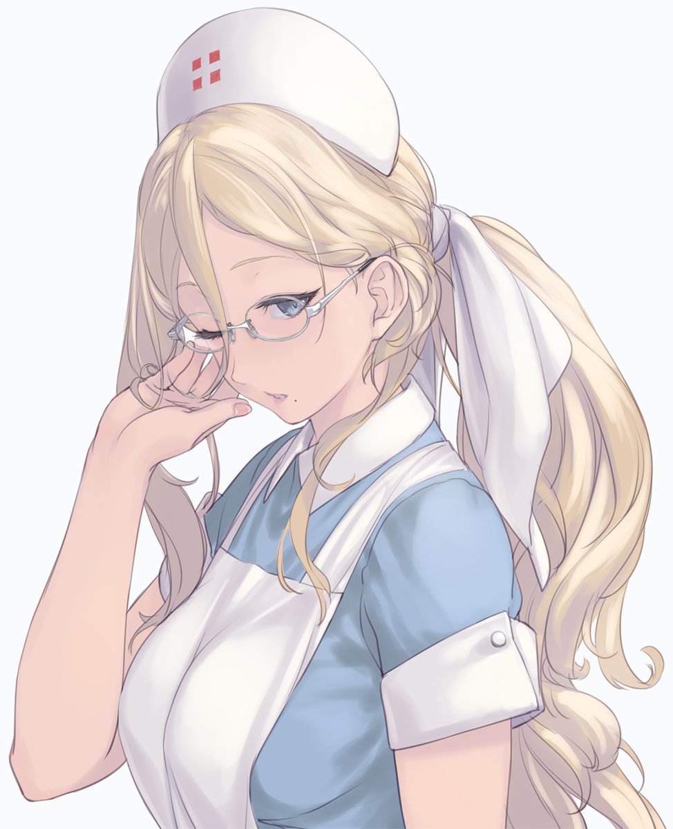 1girl alternate_costume alternate_hairstyle apron bespectacled blonde_hair blue_dress blue_eyes commentary_request dress glasses hair_between_eyes hat highres kantai_collection long_hair looking_at_viewer mole mole_under_eye mole_under_mouth nurse nurse_cap one_eye_closed ponytail richelieu_(kancolle) rokuwata_tomoe simple_background solo upper_body white_apron white_background white_hat