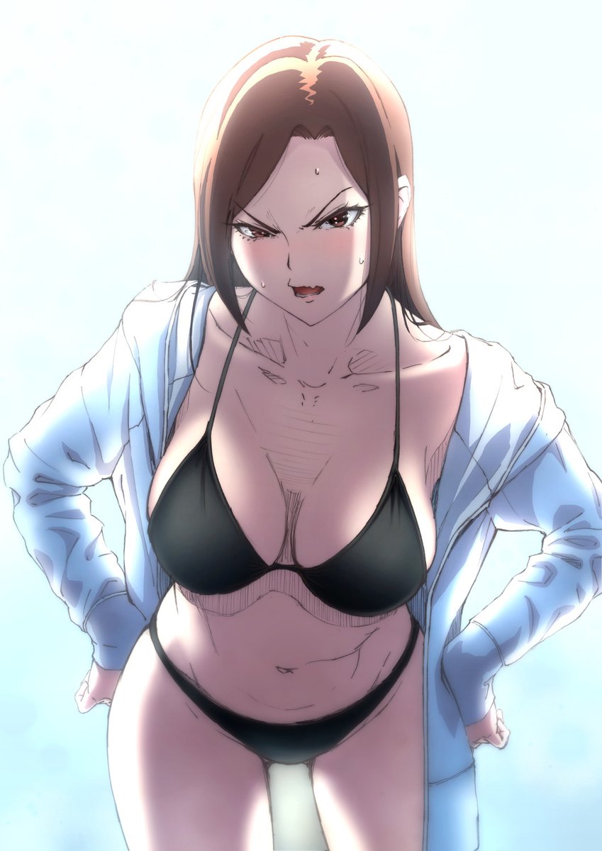 angry backlighting bikini black_bikini blush breasts brown_hair cleavage collarbone cowboy_shot hands_on_own_hips highres idolmaster idolmaster_cinderella_girls jacket kawamura_kazuma large_breasts leaning_forward looking_at_viewer mukai_takumi navel open_clothes open_jacket solo straight_hair sweatdrop swimsuit v-shaped_eyebrows white_jacket