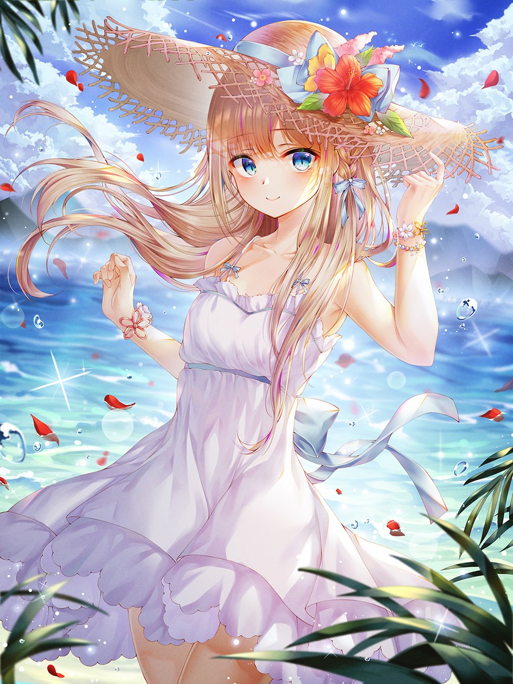 1girl armpits beach bird blonde_hair blue_eyes blue_sky blurry blurry_background blush bracelet breasts closed_mouth cloud collarbone day dress female_focus floating_hair flower hair_ribbon hand_on_headwear hat hat_flower hat_ribbon highres jewelry light_particles long_hair looking_at_viewer mellozzo original outdoors petals red_flower ribbon sidelocks sky small_breasts smile solo sparkle straw_hat thighs water_drop white_dress wind