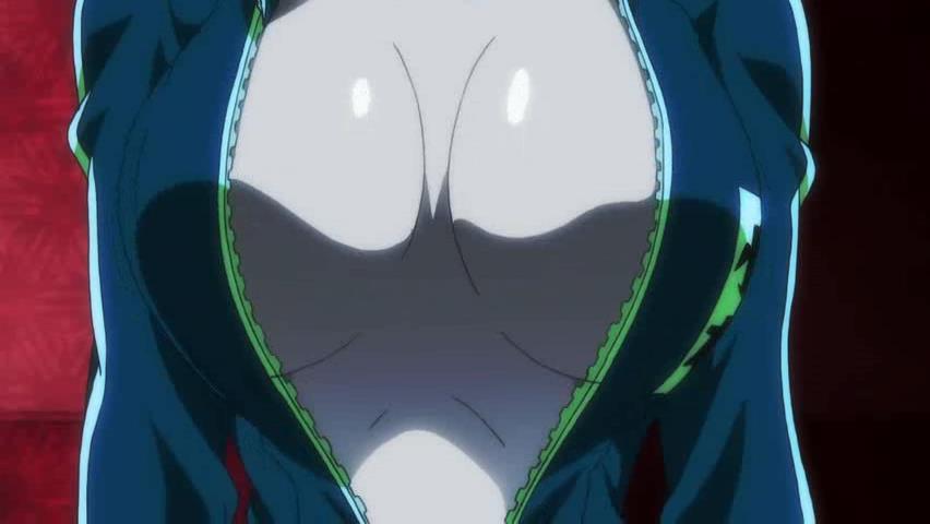 bodysuit breasts large_breasts nobunagun ogura_shio open_clothes open_shirt screencap shirt unzipped zipper