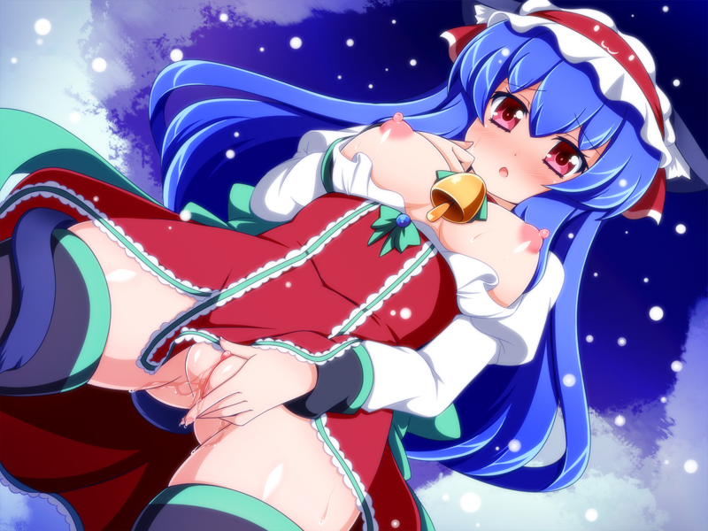 1girl animal_ears bell blue_hair blush breasts breasts_out cat_ears christmas clitoris female_focus kikai-jikake_no_kuroneko large_breasts long_hair nipples oborotsuki_kakeru original pussy pussy_juice red_eyes santa_costume solo uncensored