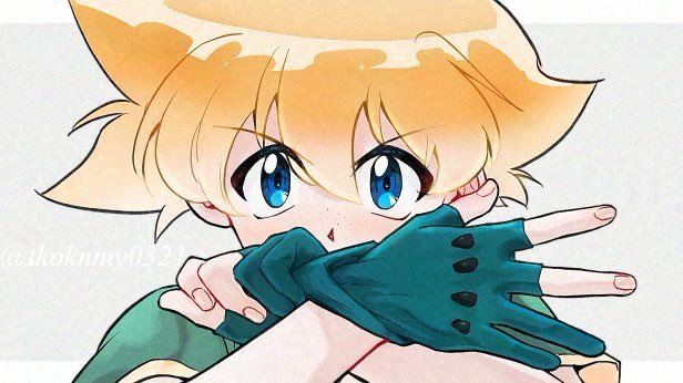 1boy bakuten_shoot_beyblade beyblade blonde_hair blue_eyes gloves green_gloves green_shirt grey_background male_focus mizuhara_max partially_fingerless_gloves shirt short_hair solo tkoknmy0321 twitter_username upper_body