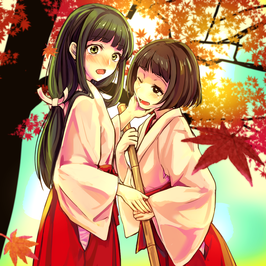 2girls autumn_leaves black_hair blush broom brown_eyes brown_hair day hand_on_another&#039;s_chin hariya_kaho hibike!_euphonium holding holding_broom japanese_clothes long_hair miko misogi_(misogi1341) multiple_girls one_eye_closed outdoors short_hair standing tree wide_sleeves yoshii_sari yuri