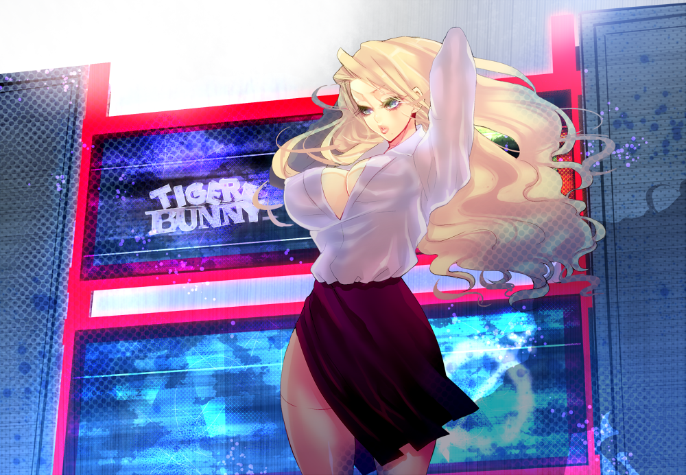 10s 1girl adjusting_hair agnes_joubert blonde_hair blouse breasts cleavage covered_erect_nipples female_focus large_breasts long_hair murata_tomohide pantyhose pouty_lips shirt side_slit skirt solo tiger_&amp;_bunny wind