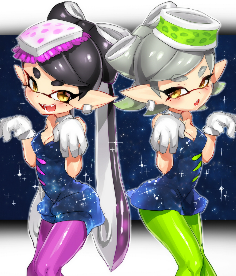 +_+ 2girls black_dress black_hair black_jumpsuit breasts brown_eyes callie_(splatoon) cleavage cousins detached_collar dress earrings fangs food food_on_head gloves green_legwear grey_hair inkling jewelry jumpsuit long_hair looking_at_viewer marie_(splatoon) mask medium_breasts mole mole_under_eye multiple_girls nintendo object_on_head open_mouth pantyhose parted_lips pointy_ears purple_legwear short_dress short_hair short_jumpsuit smile sparkle splatoon_(series) squid squid_pose standing strapless strapless_dress sushi suurin_(ksyaro) symmetrical_hand_pose tentacle_hair unitard white_gloves