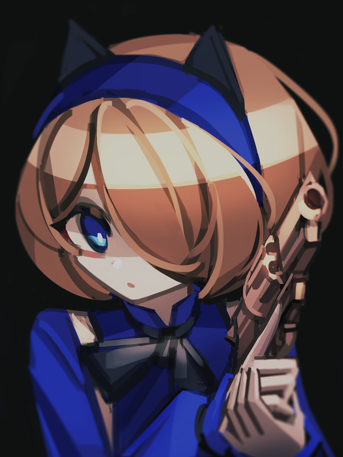 1girl animal_ears aria_(phantom_rose) ascot black_ascot black_background blonde_hair blue_eyes blue_hairband blue_shirt blurry bob_cut bright_pupils commentary dot_nose eyebrows_hidden_by_hair fake_animal_ears gun hair_over_one_eye hairband handgun high_collar holding holding_gun holding_weapon long_bangs long_sleeves looking_at_viewer makaroll own_hands_together parted_lips phantom_rose revolver shaded_face shirt short_hair simple_background solo suspenders swept_bangs trigger_discipline upper_body weapon