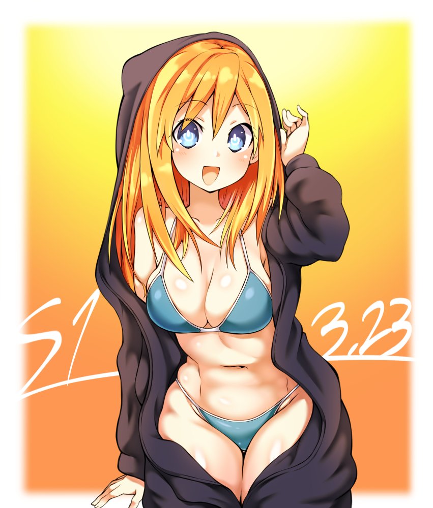 bare_shoulders blue_eyes bra breasts cleavage happy hood large_breasts lingerie long_hair navel neptune_(series) onese open_mouth orange_background orange_hair orange_heart_(neptunia) panties pants siroone stomach tennouboshi_uzume thighs underwear