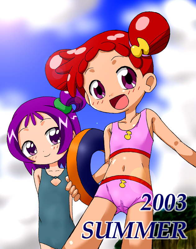 harukaze_doremi ojamajo_doremi purple_hair red_hair segawa_onpu swimsuit