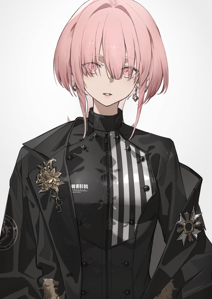 1girl barcode black_coat black_shirt coat earrings emblem falslander highres jewelry looking_at_viewer neco open_mouth pink_eyes pink_hair shirt short_hair simple_background upper_body white_background