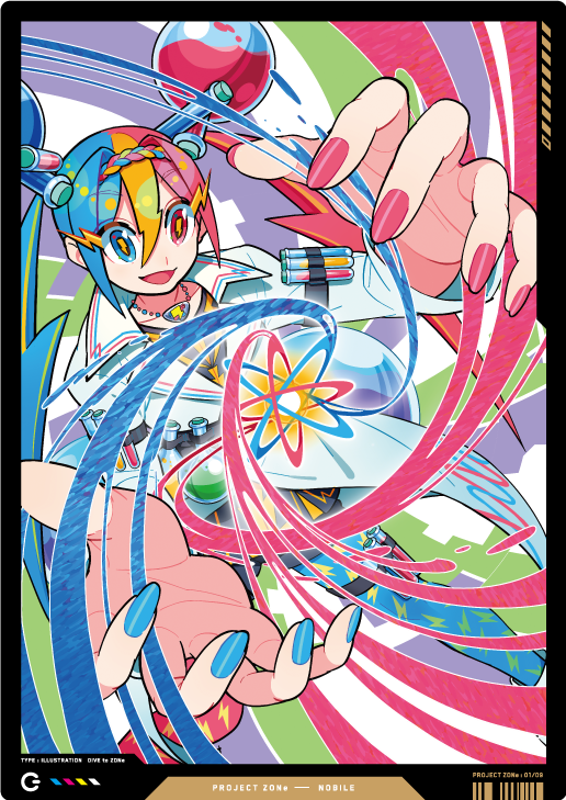 1girl atom blonde_hair blue_eyes blue_hair blue_nails dive_to_zone flask hair_between_eyes heterochromia jacket lightning_bolt_symbol long_sleeves multicolored_hair nail_polish nobile1031 pink_nails red_eyes red_hair round-bottom_flask solo test_tube white_jacket