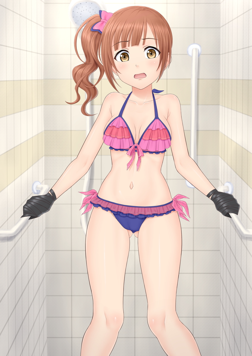 1girl bare_shoulders bathroom bdsm bikini blunt_bangs blush bondage botan_m bound bow bow_bikini breasts brown_hair cameltoe collarbone female_focus frilled_bikini frills gluteal_fold hair_bow highres idolmaster idolmaster_cinderella_girls igarashi_kyoko indoors long_hair looking_down medium_breasts multicolored_bikini multicolored_clothes navel open_mouth pink_bow shower side_ponytail solo standing stomach swimsuit tape taped_hands yellow_eyes