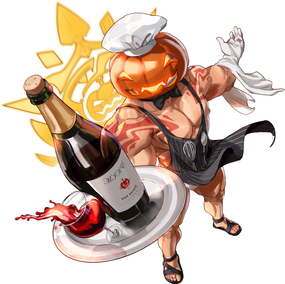 1boy alcohol apron bara bare_pectorals bottle bow bowtie carter_(gyee) chef_hat covered_abs cup drinking_glass fundoshi gloves gyee hat japanese_clothes male_focus male_underwear manly mask muscular muscular_arms muscular_legs muscular_male nipples official_art pectorals plate pumpkin red_wine sandals solo tattoo thighs transparent_background underwear wine wine_bottle wine_glass