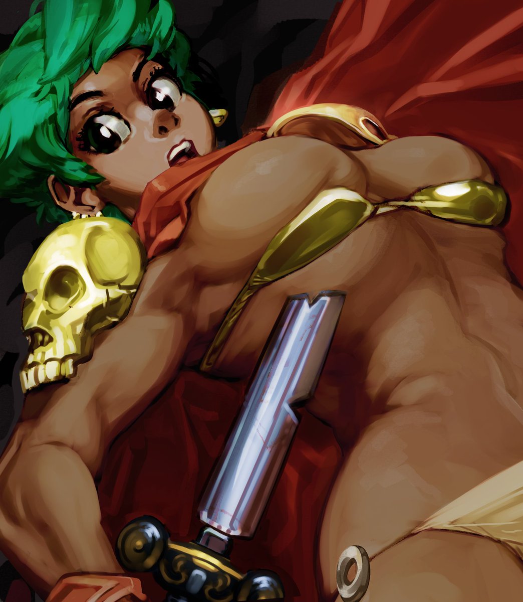 1988stevenm 1girl armor bikini bikini_armor breasts broken broken_sword broken_weapon brown_eyes cape dark-skinned_female dark_skin ear_piercing earrings gloves gold gold_armor gold_bra gold_panties green_hair highres holding jewelry large_breasts o-ring o-ring_bottom o-ring_panties open_mouth original panties piercing podrace_explode red_cape red_gloves roleplay_(podrace_explode) short_hair shoulder_armor shoulder_pads skull solo swimsuit sword underwear weapon