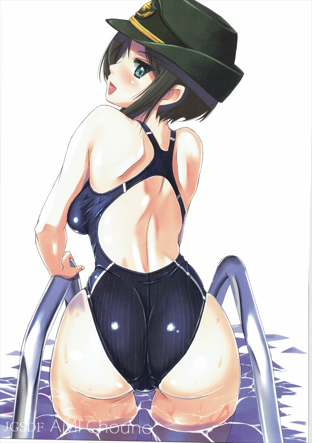 Nenchi Chouno Ami Girls Und Panzer Highres Scan 10s 1girl Ass Black Eyes Black Hair Character Name Competition Swimsuit Cowboy Shot English Text Female Service Cap Green Headwear Hat Looking At Viewer