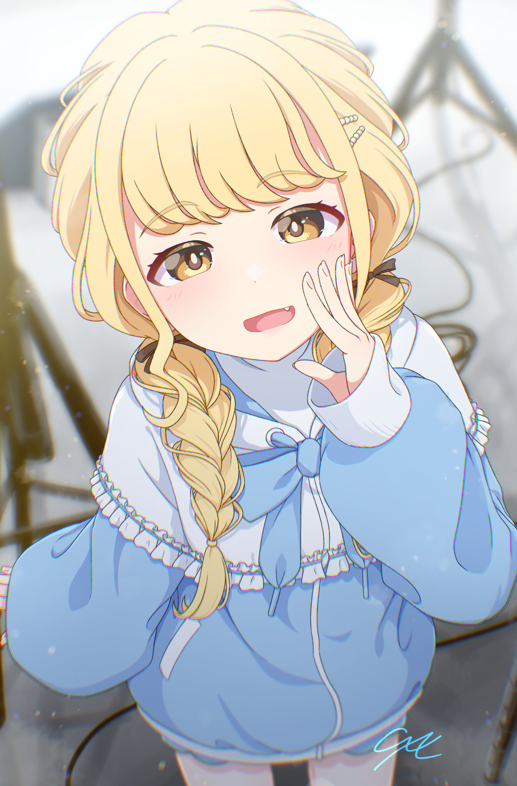 1girl blonde_hair blue_jacket blurry blurry_background blush braid commentary_request cxe fang fingernails frilled_jacket frills fujita_kotone gakuen_idolmaster highres hood hooded_jacket idolmaster jacket long_hair long_sleeves looking_at_viewer signature smile solo twin_braids yellow_eyes