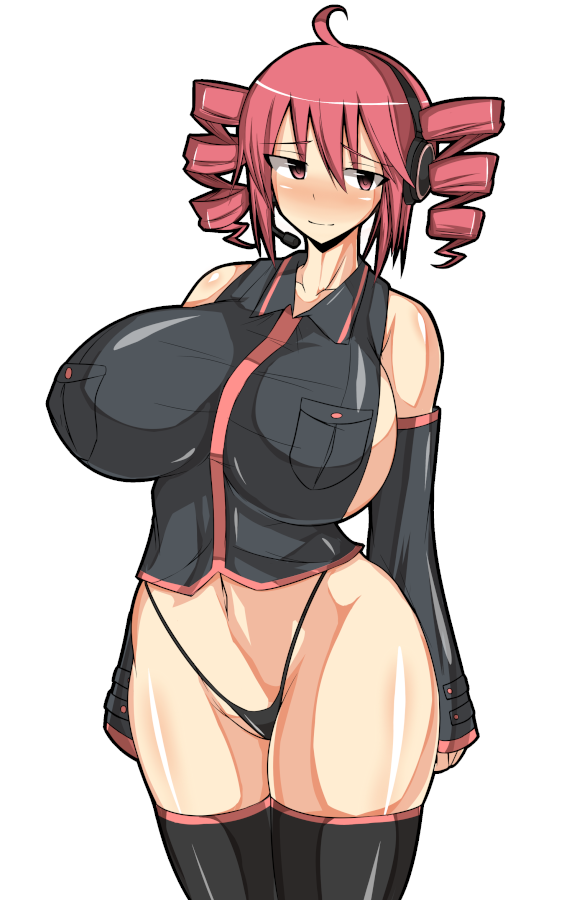 1girl bare_shoulders black_thighhighs breasts curvy detached_sleeves drill_hair female_focus headphones highleg highleg_panties huge_breasts impossible_clothes impossible_shirt kasane_teto musuka_(muska) navel panties red_eyes red_hair shirt short_hair sideboob simple_background solo standing thighhighs thighs thong underwear utau vocaloid white_background