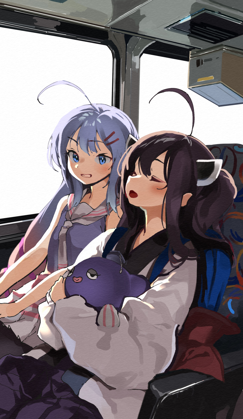 2girls ahoge black_hat black_pantyhose blue_dress blue_eyes blue_hair blush brown_hair bus_interior closed_eyes commentary_request dress gradient_hair grey_sailor_collar grin hair_between_eyes hat headgear highres hugging_object japanese_clothes kimono lamb_(hitsujiniku) long_hair long_sleeves looking_at_viewer mini_hat mortarboard multicolored_hair multiple_girls open_mouth otomachi_una pantyhose pink_hair pleated_skirt purple_skirt sailor_collar sailor_dress sitting skirt sleeveless sleeveless_dress smile talkex touhoku_kiritan twintails very_long_hair voiceroid white_kimono wide_sleeves