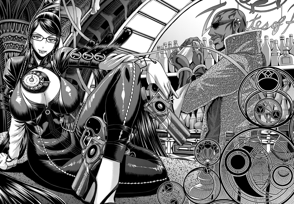 1boy 1girl :p arm_support bald bayonetta bayonetta_(series) bayonetta_1 bodysuit bottle bracelet breasts chiba_toshirou cleavage dark_skin elbow_gloves glasses gloves greyscale gun high_heels huge_breasts jewelry crossed_legs lipstick long_hair makeup manly mole mole_under_mouth monochrome naughty_face rodin shoes sitting strap sunglasses tongue tongue_out very_long_hair weapon