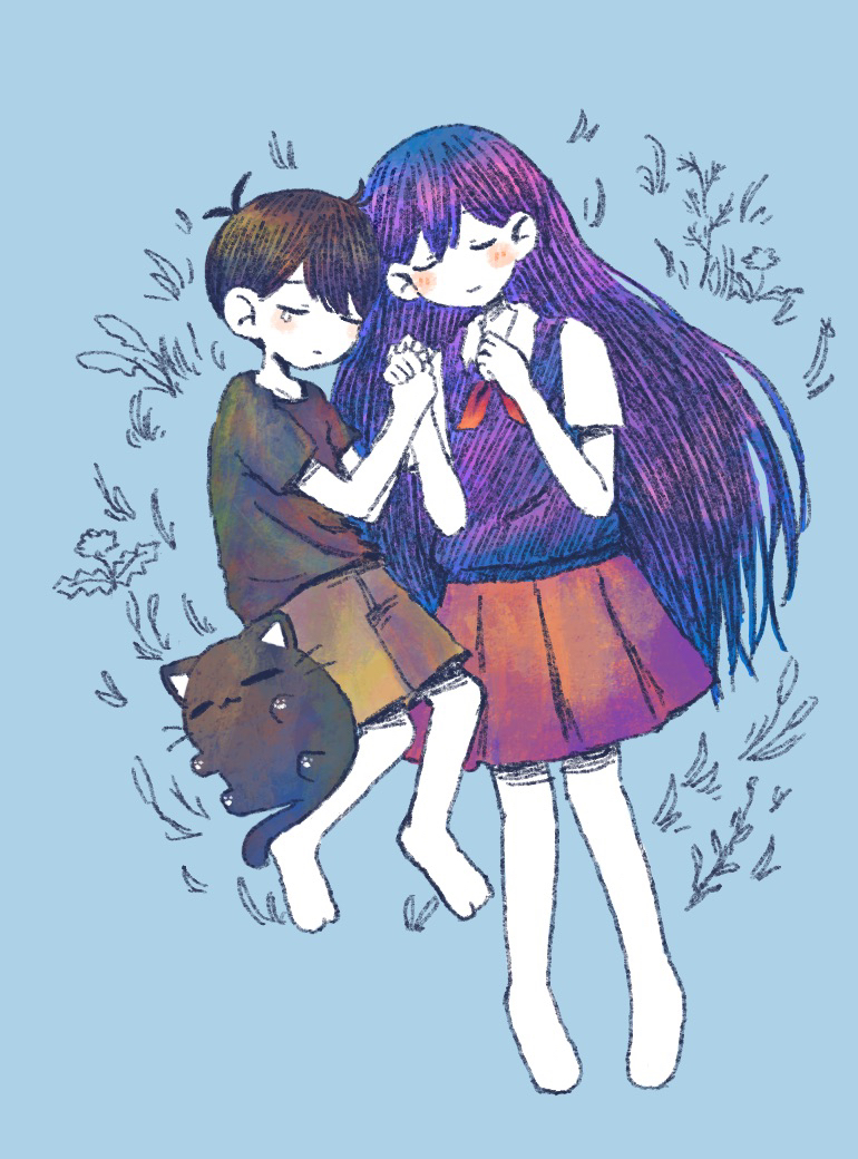 1boy 1girl antenna_hair black_hair black_shirt brown_shorts cat closed_eyes closed_mouth collared_shirt colored_skin long_hair mari_(headspace)_(omori) mari_(omori) mewo omori pleated_skirt purple_hair purple_sweater_vest red_skirt shirt short_hair short_sleeves shorts skirt sun_iiinu sunny_(omori) sweater_vest t-shirt white_shirt white_skin