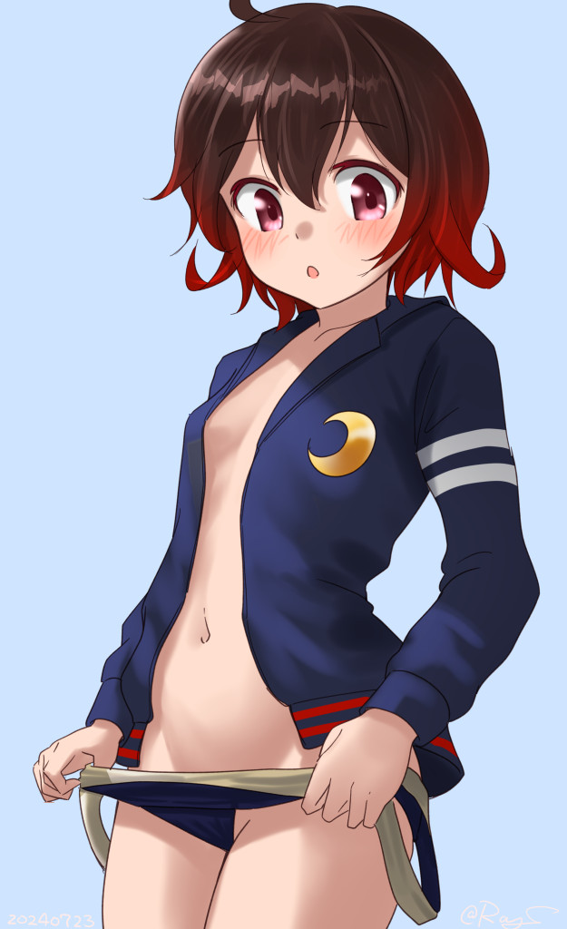 1girl :o blue_background blue_jacket blush breasts brown_hair crescent crescent_pin gradient_hair jacket kantai_collection multicolored_hair mutsuki_(kancolle) mutsuki_kai_ni_(kancolle) navel open_mouth ray.s red_hair school_swimsuit short_hair small_breasts solo swimsuit swimsuit_under_clothes undressing