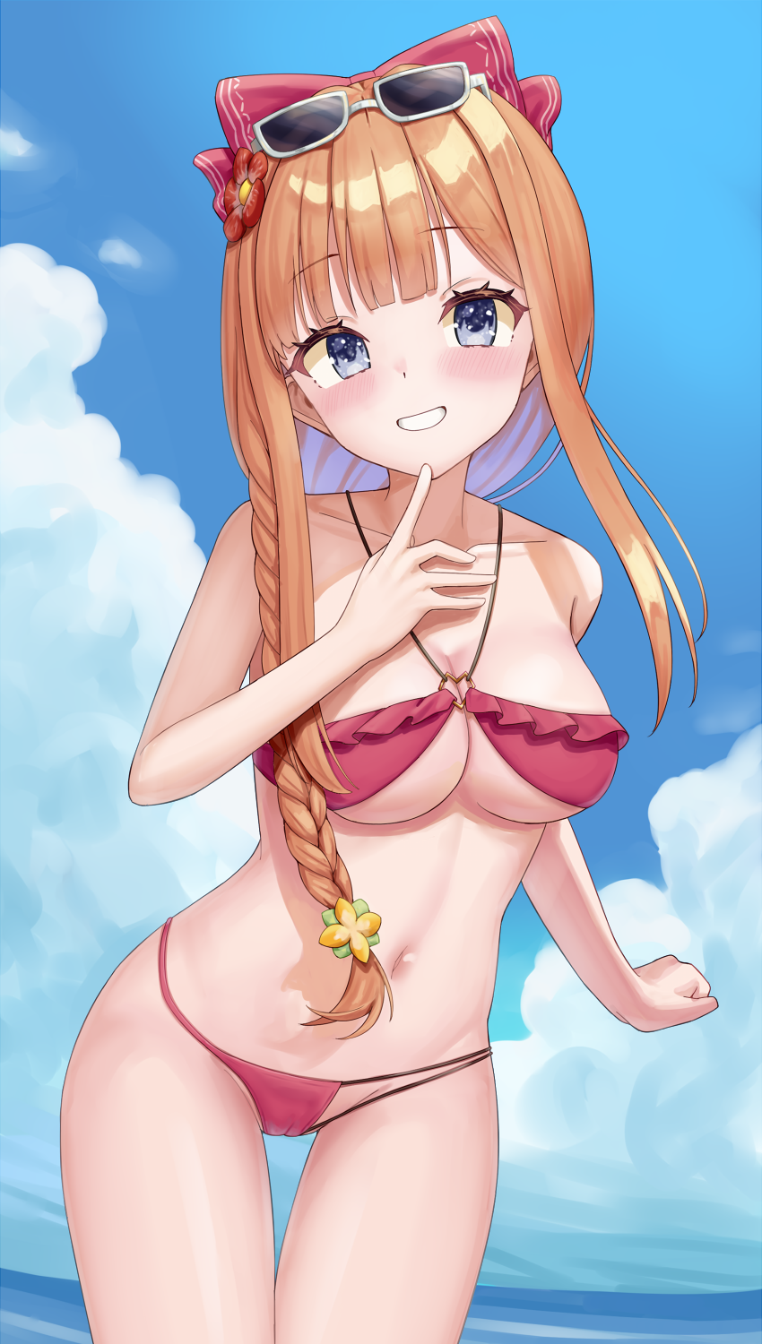 1girl bikini blue_eyes blue_sky blush bow braid breasts cloud collarbone commentary_request commission day eyewear_on_head flower frilled_bikini frills grin hair_bow hair_flower hair_ornament highres indie_virtual_youtuber large_breasts long_hair looking_at_viewer nanase_crim navel ocean orange_hair outdoors px-tea red_bikini red_bow red_flower single_braid skeb_commission sky smile solo standing stomach sunglasses swimsuit teeth underboob virtual_youtuber