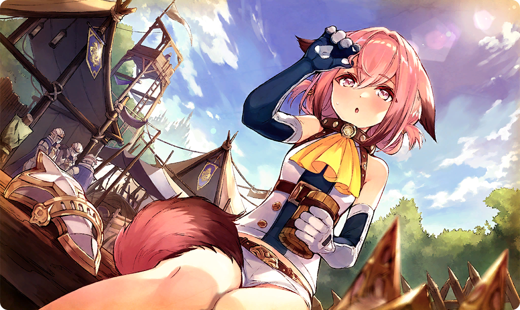 1girl 3others :o animal_ears ascot bare_shoulders beer_mug belt blue_gloves blue_sky brown_belt brown_collar cloud collar commentary_request cup day double-parted_bangs floppy_ears gloves hand_on_own_head helm helmet holding holding_cup mug multiple_others official_art outdoors pink_hair purple_eyes shirt shorts sitting sky solo_focus ta_ga_tame_no_alchemist third-party_source two-sided_gloves white_gloves white_shirt white_shorts yagura_(platform) yellow_ascot yura_(ta_ga_tame_no_alchemist)