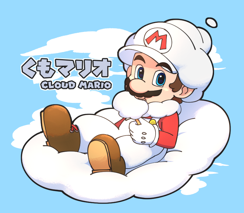 1boy blue_eyes brown_hair cloud cloud_mario facial_hair floating full_body gloves hat looking_at_viewer mario mario_(series) mustache nintendo overalls power-up super_mario_galaxy_2